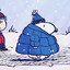 snoopy wearing a big blue coat