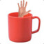 Red plastic mug with a hand