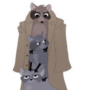 Three raccoons in a trench coat