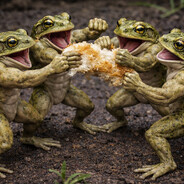 4 frogs fist fighting over a pie