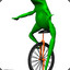 A frog is riding a unicycle